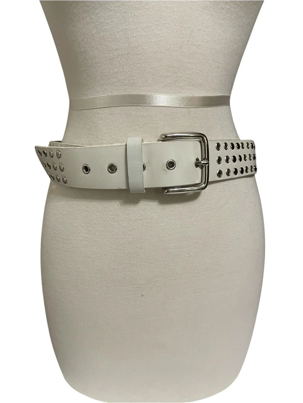 White Studded Double Grommet Belt with Silver Buckle